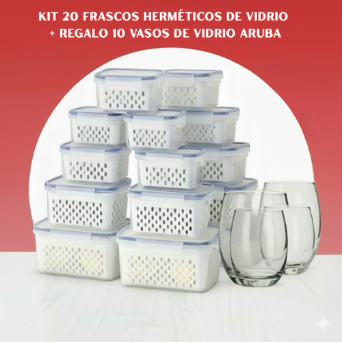 ¡Sólo Por Hoy | Kit 20 Frascos Herméticos de Vidrio + 10 Vasos de Vidrio Aruba de Regalo
